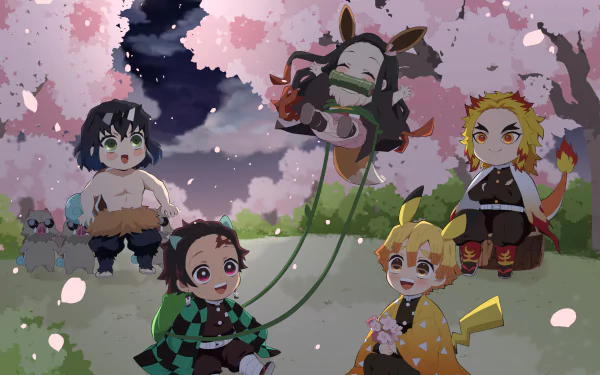 HD desktop wallpaper featuring chibi characters from Demon Slayer: Kimetsu no Yaiba enjoying a playful scene under cherry blossoms at twilight.
