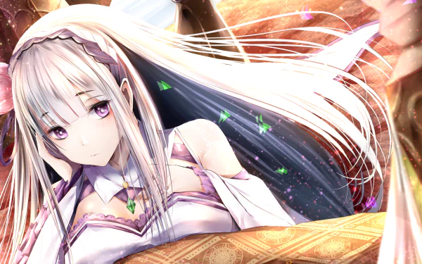 HD desktop wallpaper of Emilia from Re:Zero - Starting Life in Another World, featuring detailed anime artwork. Emilia has long white hair and purple eyes, set against a vibrant, magical background.