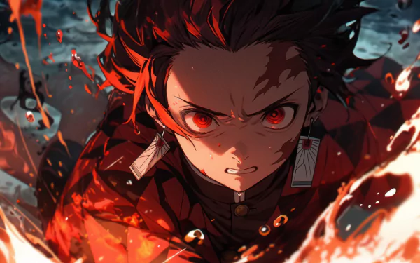 HD wallpaper featuring Tanjiro Kamado from Demon Slayer: Kimetsu no Yaiba with intense expression and dynamic fire effects.