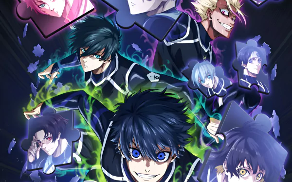 HD PC desktop wallpaper featuring Isagi Yoichi and other characters from the anime Blue Lock, showcasing dynamic poses and vivid colors in an intense scene.