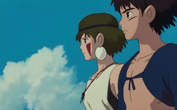 4K Ultra HD Studio Ghibli anime wallpaper featuring two characters from Princess Mononoke against a bright blue sky backdrop.