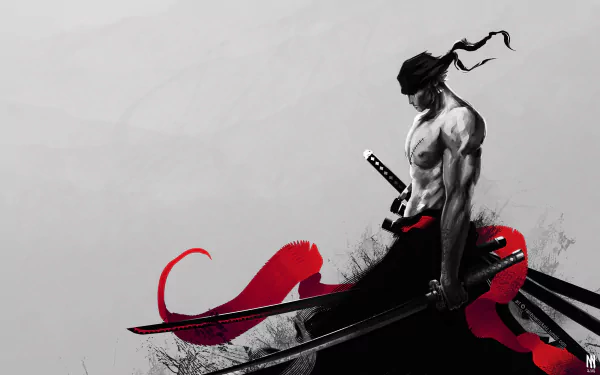 HD desktop wallpaper featuring Roronoa Zoro from the anime One Piece. Zoro stands with swords and a red cloth in a striking, artistic pose against a minimalist background.