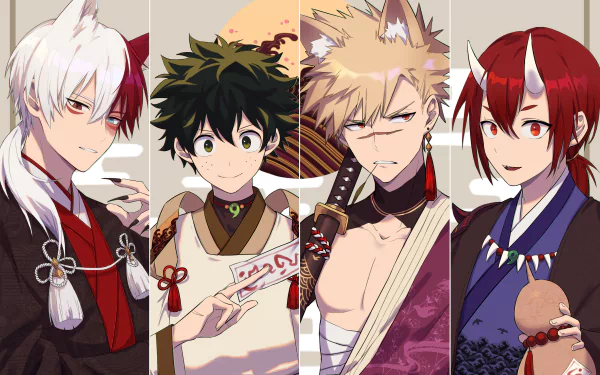HD desktop wallpaper featuring anime characters Shoto Todoroki, Izuku Midoriya, Katsuki Bakugou, and Eijiro Kirishima from My Hero Academia, all dressed in traditional, fantasy-inspired attire.