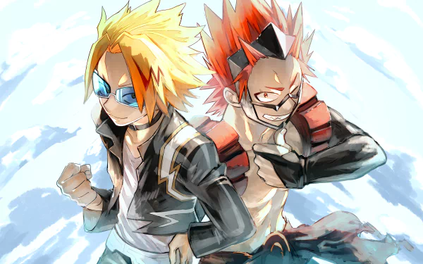 HD desktop wallpaper featuring Denki Kaminari and Eijiro Kirishima from the anime My Hero Academia. Both characters are striking dynamic poses against a vibrant blue sky background.