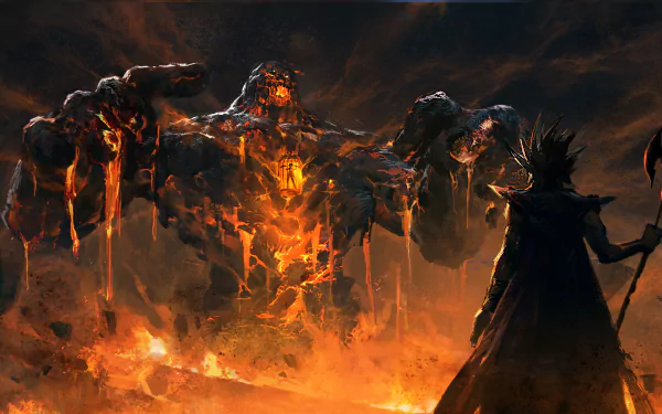 4K Ultra HD anime wallpaper featuring a dark, fiery scene from Yu-Gi-Oh!, showcasing a colossal molten monster facing a shadowed character with spiked hair.