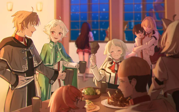 4K Ultra HD anime wallpaper featuring characters from Mushoku Tensei: Jobless Reincarnation sharing a warm, joyful meal in a cozy room with a nighttime window view.