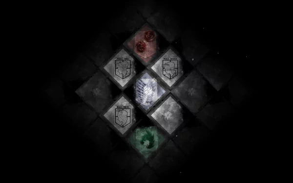 HD desktop wallpaper featuring emblems from the anime Attack on Titan, arranged in a diamond pattern on a dark background. The emblems are colored red, green, and blue.