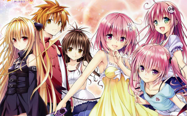 HD desktop wallpaper featuring characters from the anime To Love-Ru. The vibrant background showcases various characters with colorful hair and outfits, creating a lively and engaging scene.