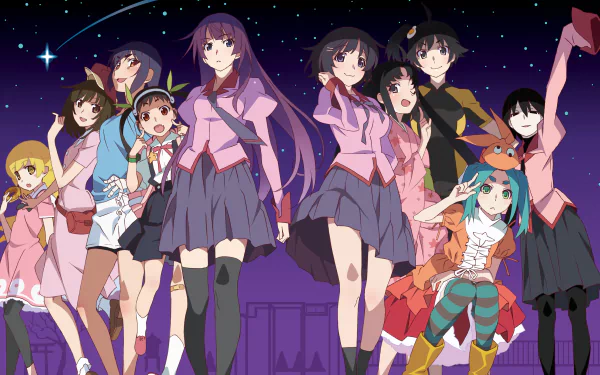 HD desktop wallpaper featuring characters from the Anime series Monogatari, set against a night sky with a star shining above.