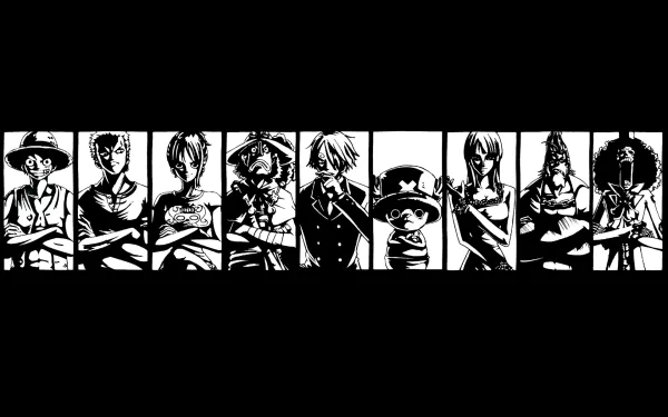 HD desktop wallpaper featuring the characters from One Piece in a monochrome lineup. Black background accentuates the detailed anime art style.