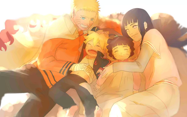 HD desktop wallpaper of Naruto Uzumaki, Hinata Hyuga, Boruto Uzumaki, and Himawari Uzumaki from Boruto: Naruto the Movie, depicting a family embrace.