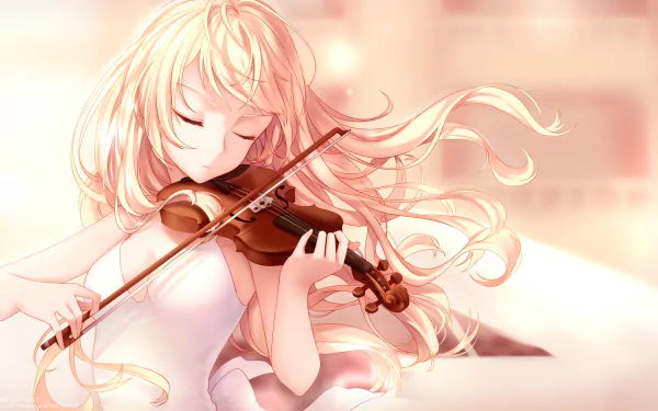 HD desktop wallpaper of Kaori Miyazono from Your Lie in April, an anime character with long, flowing blonde hair playing a violin in a serene setting.
