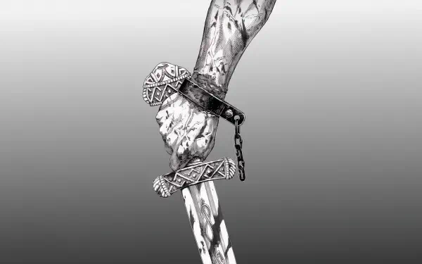 A striking 4K Ultra HD wallpaper featuring a detailed, arm-bound warrior grasping a sword, inspired by the anime and manga Vinland Saga.