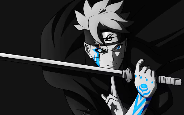HD wallpaper of Boruto Uzumaki from the anime Boruto, featuring blue eyes, Jōgan markings, a katana, and intricate blue tattoos, set against a dark background.