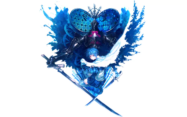 HD desktop wallpaper of Sayaka Miki from Puella Magi Madoka Magica in a dynamic battle pose with a sword, surrounded by abstract blue and black elements.