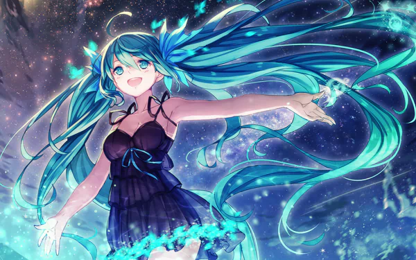 HD desktop wallpaper featuring Hatsune Miku from Vocaloid, depicted with flowing blue hair and a dynamic, starlit background.