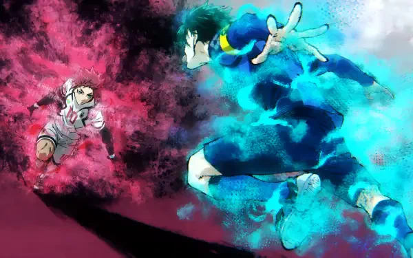 4K Ultra HD anime wallpaper featuring Itoshi Sae and Rin Itoshi from Blue Lock, depicted in dynamic, contrasting blue and pink energy effects.