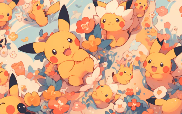 A vibrant HD wallpaper featuring multiple cheerful Pikachu surrounded by colorful flowers, capturing the playful essence of Pokémon in an enchanting anime style.