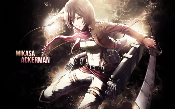 HD desktop wallpaper featuring Mikasa Ackerman from the anime Attack on Titan, depicted in action pose with her signature gear and intense expression, surrounded by dynamic lighting effects.