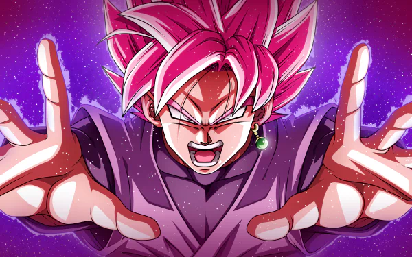 HD wallpaper of Goku from Dragon Ball Super. The anime character is depicted with pink hair and a fierce expression, hands extended forward against a vibrant purple background.