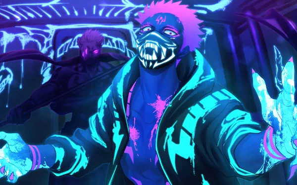 Sukuna character from Jujutsu Kaisen anime, featured in an HD desktop wallpaper with vibrant blue and purple hues.