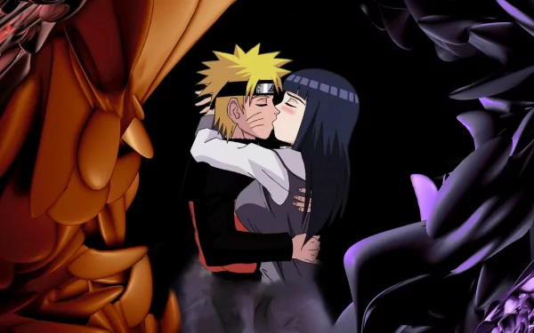 Anime couple Naruto and Hinata Hyuga share a kiss amidst an abstract background of swirls and colors in this HD desktop wallpaper. The scene reflects love and intimacy from the series Naruto.