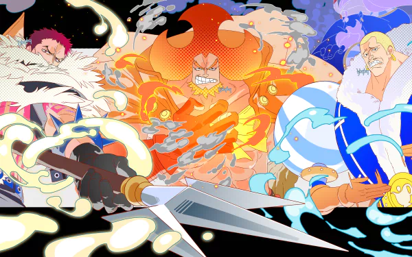 Vibrant 4K Ultra HD anime wallpaper featuring fierce One Piece characters in dynamic action poses with fiery and icy effects on a high-energy background.