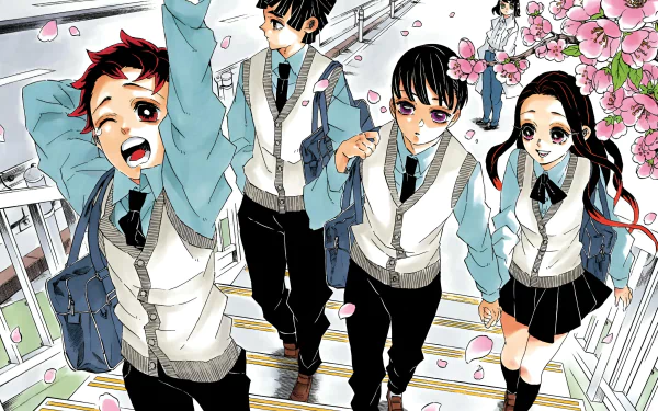 HD PC desktop wallpaper featuring Anime characters from Demon Slayer: Kimetsu no Yaiba walking together under blooming cherry blossoms in school uniforms.