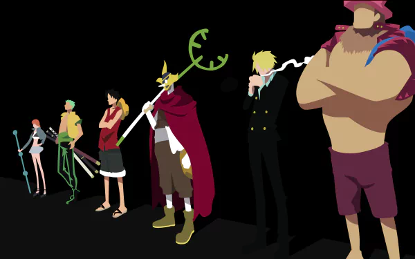 HD desktop wallpaper featuring stylized characters from the anime One Piece, standing in a line against a black background.