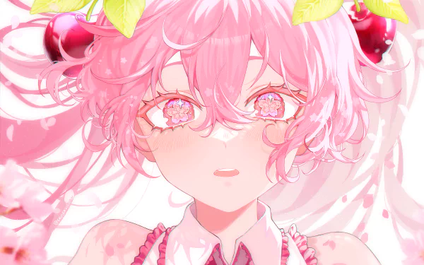HD desktop wallpaper featuring a close-up of Anime character Hatsune Miku from Vocaloid, with pink hair and floral eye details.