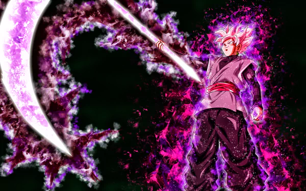 A dynamic 4K Ultra HD wallpaper featuring Black Goku from Dragon Ball Super, showcasing vibrant colors and intense energy as he wields a glowing weapon.