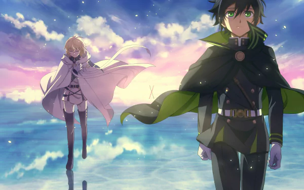 Anime HD wallpaper featuring Mikaela Hyakuya and Yūichirō Hyakuya from Seraph of the End, set against a reflective, cloud-streaked sky. Mikaela has blonde hair, and Yūichirō has black hair and green eyes.