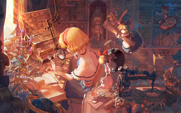 A detailed anime scene features Alice Margatroid, a doll-making character from Touhou, with short blonde hair and a red headband, surrounded by various intricate dolls and tools in a workshop.