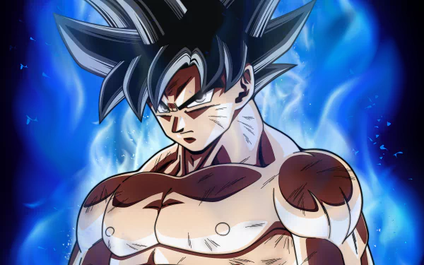 HD desktop wallpaper featuring Goku in Ultra Instinct form from Dragon Ball Super. He stands with a serious expression, surrounded by a blue aura.
