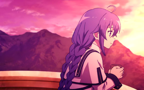 Roxy Migurdia from Mushoku Tensei: Jobless Reincarnation is depicted in this 8K Ultra HD anime desktop wallpaper, gazing thoughtfully at a vibrant sunset over mountains.