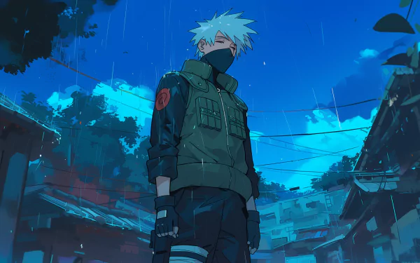 HD Anime Wallpaper featuring Kakashi Hatake from Naruto standing in the rain.