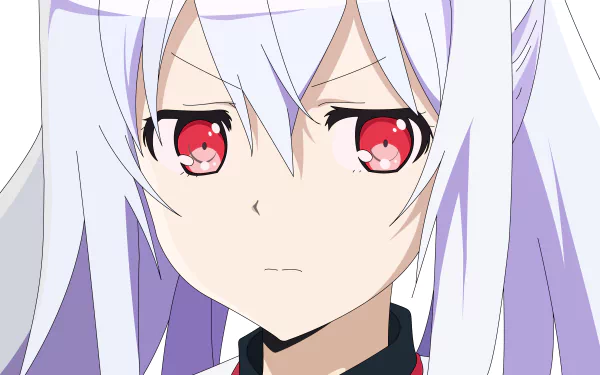 HD wallpaper featuring Isla from the anime Plastic Memories with red eyes and white hair in an intense expression.