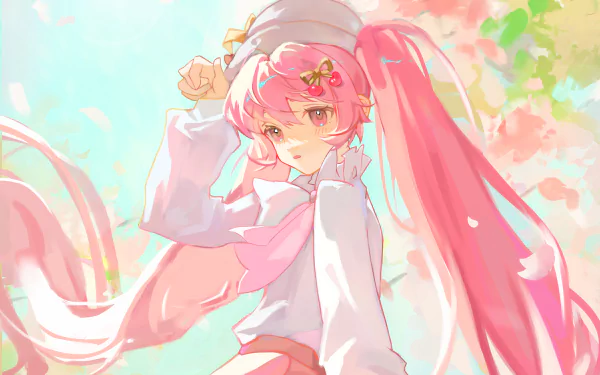 HD anime desktop wallpaper featuring Hatsune Miku from Vocaloid with flowing pink twin-tails and a soft pastel background of blossoms and sunlight.