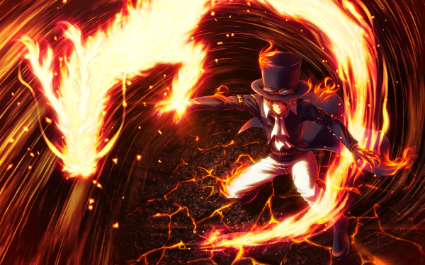 HD wallpaper featuring Sabo from One Piece anime, dynamically wielding fire with vibrant, swirling flames. Great for fans of the series seeking a bold, action-packed desktop background.