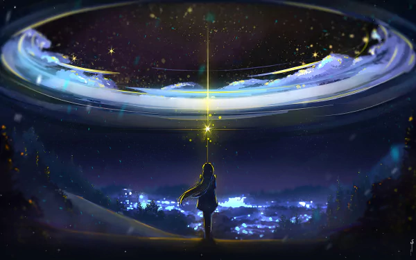 A magical night scene in an anime style, featuring a character reaching out to a glowing light under a starry sky. This HD desktop wallpaper exudes a sense of wonder and enchantment.