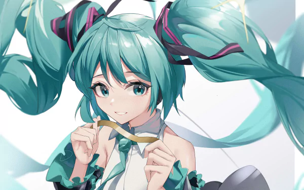 Hatsune Miku, the iconic Vocaloid character, is featured in this vibrant HD anime wallpaper, showcasing her signature teal hair and playful expression.