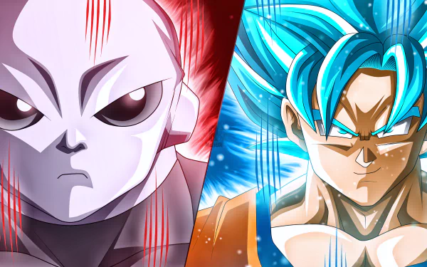 HD desktop wallpaper featuring a split image of Jiren and Goku in his Super Saiyan Blue form from Dragon Ball Super. Vivid colors and dynamic energy effects highlight the characters' intense expressions.
