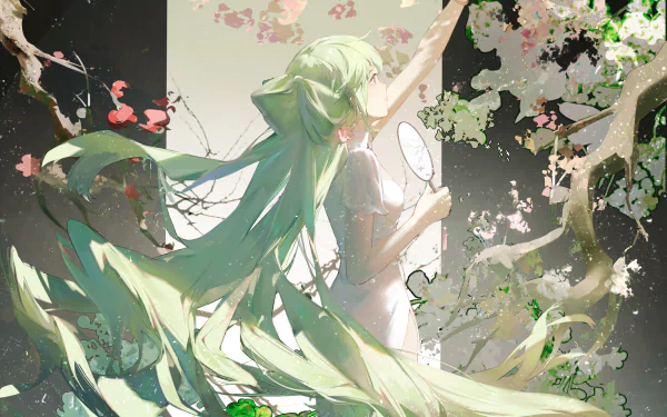 A vibrant HD wallpaper featuring Hatsune Miku, a beloved anime character from the Vocaloid series, surrounded by blooming flowers and flowing greenery.
