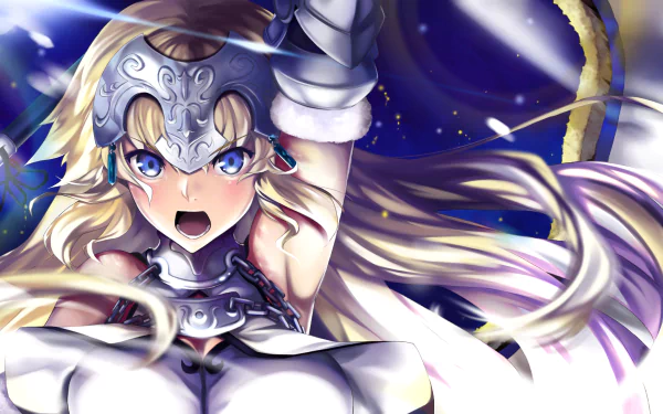 HD desktop wallpaper featuring Jeanne d'Arc from the Fate/Grand Order anime series, showcasing the character in a dynamic pose with flowing blonde hair and armor, set against a vibrant background.