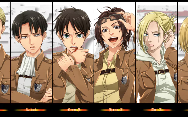 This HD wallpaper features characters from the anime Attack on Titan including Levi Ackerman, Eren Yeager, Hange Zoë, and Annie Leonhart, all depicted in their Survey Corps uniforms.