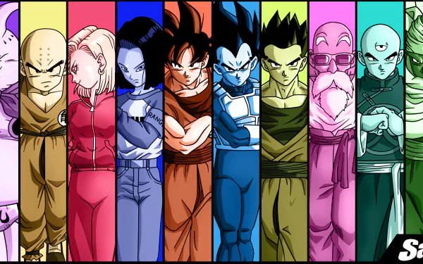 HD desktop wallpaper featuring Dragon Ball Super characters including Master Roshi, Tien Shinhan, Majin Buu, Gohan, Krillin, Android 18, Android 17, Piccolo, Vegeta, and Goku in anime style backgrounds.