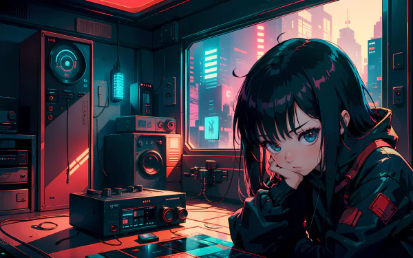 A captivating HD anime wallpaper featuring a girl in a cozy, neon-lit room surrounded by retro electronics, perfectly blending a lofi aesthetic with urban vibes.