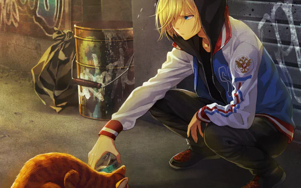 A HD desktop wallpaper featuring Yuri Plisetsky from the anime Yuri!!! on ICE, crouching in an alleyway and feeding a cat. The scene is detailed with urban elements like a trash can and graffiti.