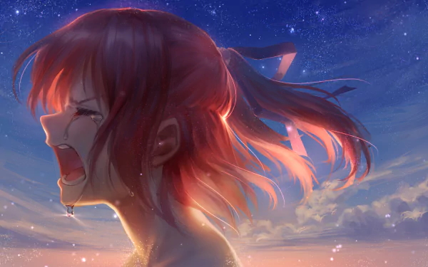 A vibrant anime girl with red hair tied in a ponytail, appears to be shouting or crying in a dramatic, emotional scene, set against a stunning HD background of a twilight sky.