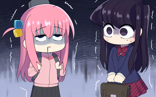 Anime crossover HD wallpaper featuring chibi versions of Komi Shouko and Hitori Gotou, displaying surprised expressions with a dark, eerie background.